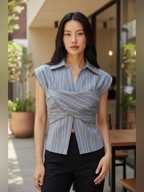 Commense Blue and Gray Striped Wrap Blouse